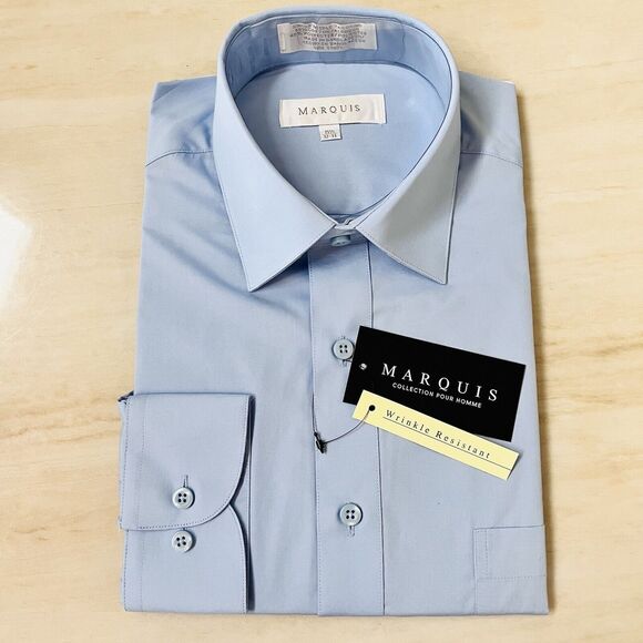 Marquis Wrinkle Resistant Dress Shirt 15 1/2 32-33 Light Blue Cotton Blend Reg - Picture 2 of 6